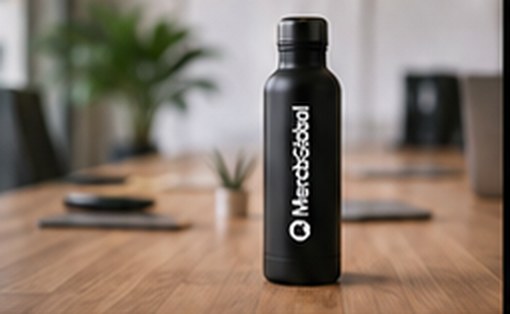 A branded bottle on a desk